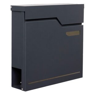 An anthracite Modern Wall Mounted Letterbox featuring a waterproof lid and integrated newspaper slot.