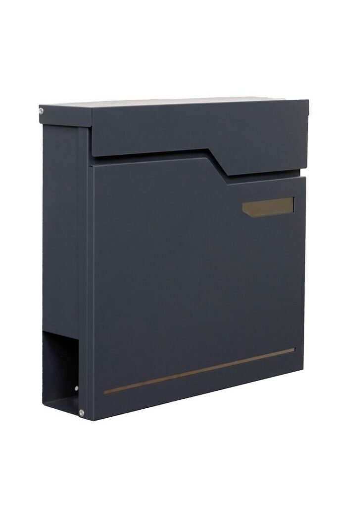 An anthracite Modern Wall Mounted Letterbox featuring a waterproof lid and integrated newspaper slot.