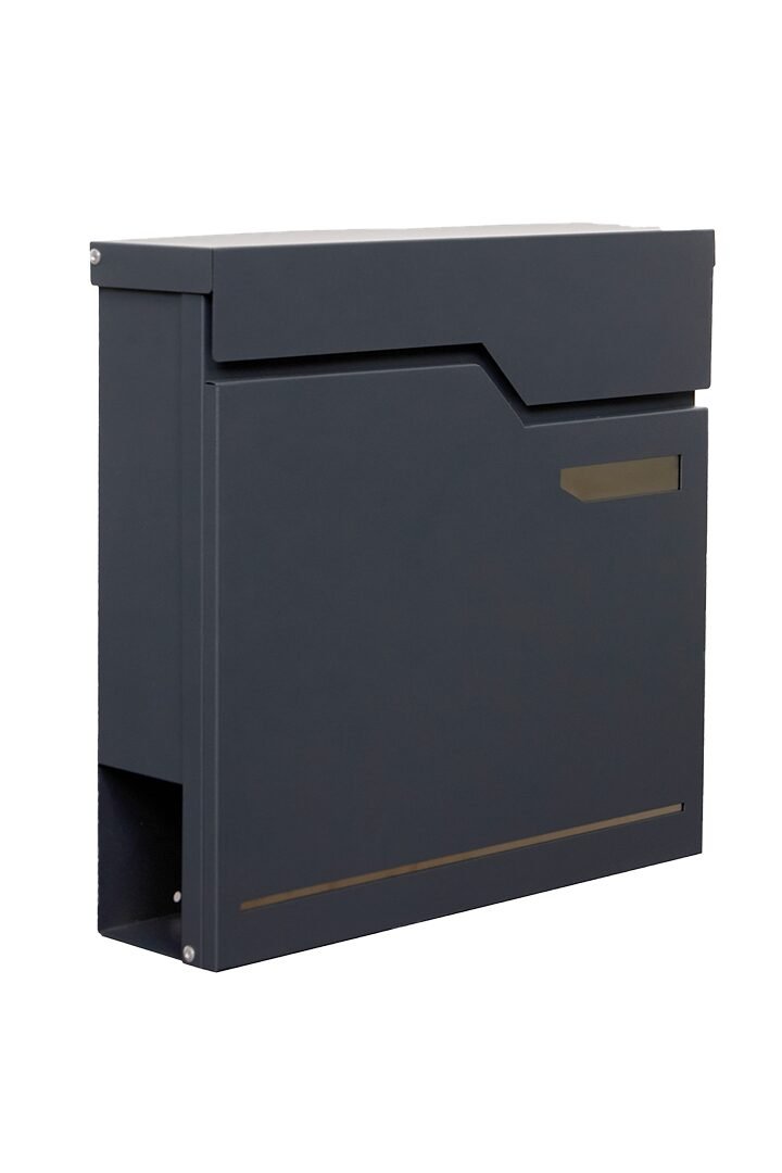 An anthracite Modern Wall Mounted Letterbox featuring a waterproof lid and integrated newspaper slot.