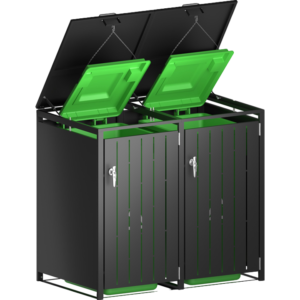 Modern charcoal grey Outdoor Garbage Can Storage with double doors and gas struts.