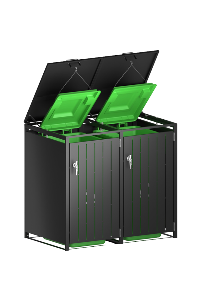 Modern charcoal grey Outdoor Garbage Can Storage with double doors and gas struts.