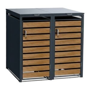 Anthracite grey Outdoor Garbage Storage Sheds with double doors and gas struts.