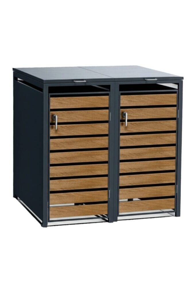 Anthracite grey Outdoor Garbage Storage Sheds with double doors and gas struts.