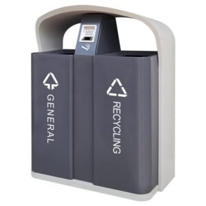 A dual-stream Outdoor Garbage Trash Can in charcoal gray, featuring separate recycling and waste compartments.