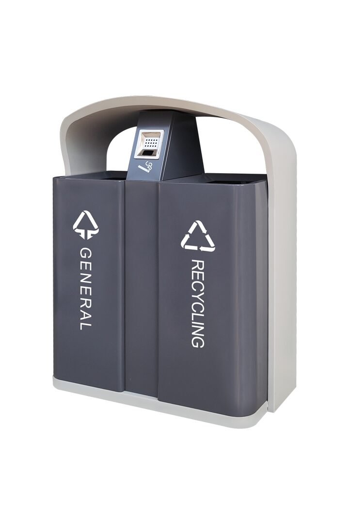 A dual-stream Outdoor Garbage Trash Can in charcoal gray, featuring separate recycling and waste compartments.