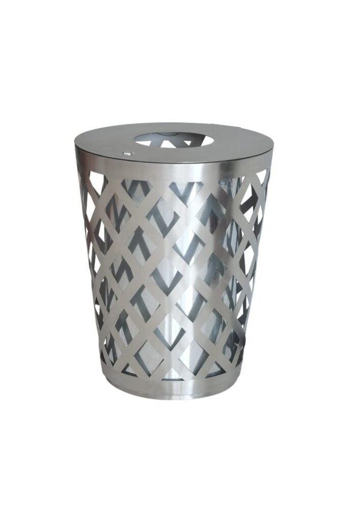 Weatherproof outdoor steel litter bin with diamond mesh design for public parks.