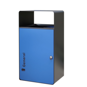 Single compartment blue and black outdoor trash can receptacle with a front-loading door.