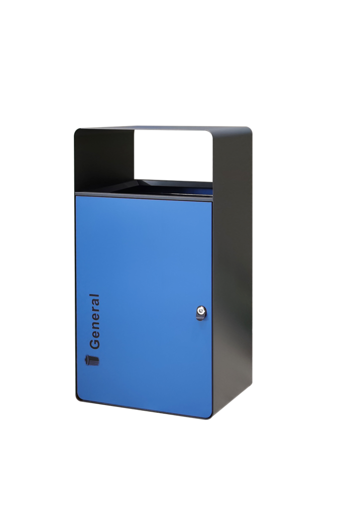 Single compartment blue and black outdoor trash can receptacle with a front-loading door.