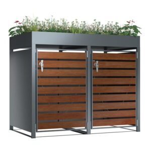 Close-up of the rust-resistant galvanized steel on an Outdoor Trash Can Shed with Planter.