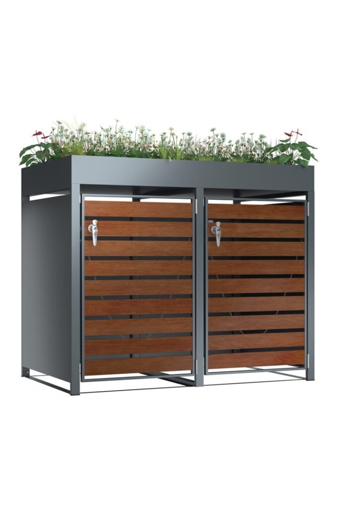 Close-up of the rust-resistant galvanized steel on an Outdoor Trash Can Shed with Planter.