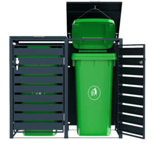 Anthracite grey Outdoor Trash Can Storage with double doors and gas struts.