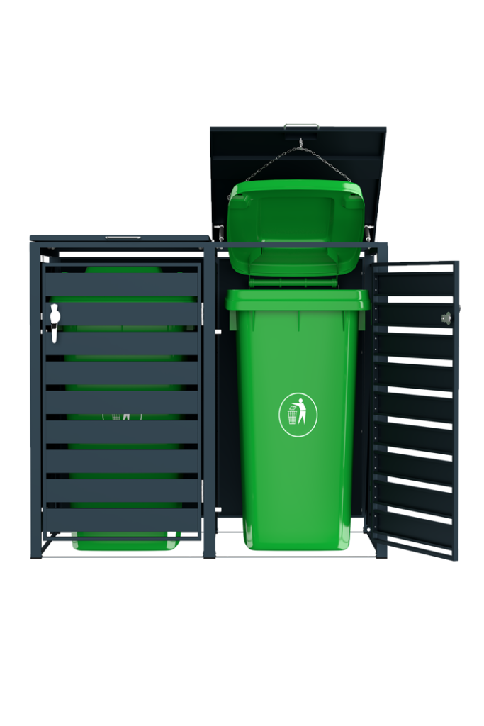 Anthracite grey Outdoor Trash Can Storage with double doors and gas struts.