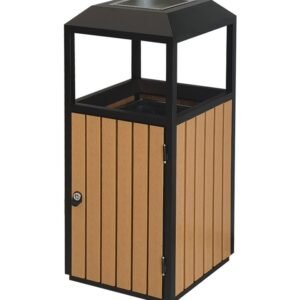 A square Outdoor WPC Waste Receptacle with brown slats, black steel frame, and top ash tray.