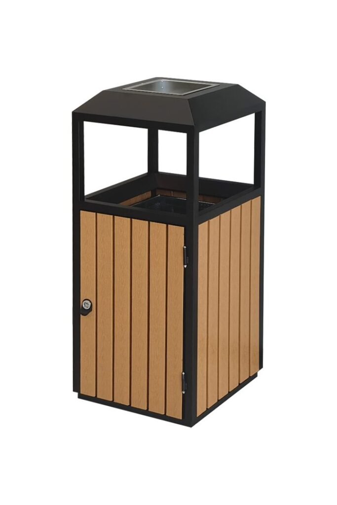A square Outdoor WPC Waste Receptacle with brown slats, black steel frame, and top ash tray.