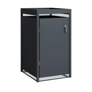 A durable Single Steel Bin Planter Enclosure in Anthracite Grey with flowers growing in the top planter.