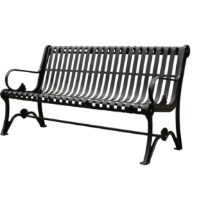 A classic black Slatted Outdoor Iron Bench with curved armrests and decorative legs.