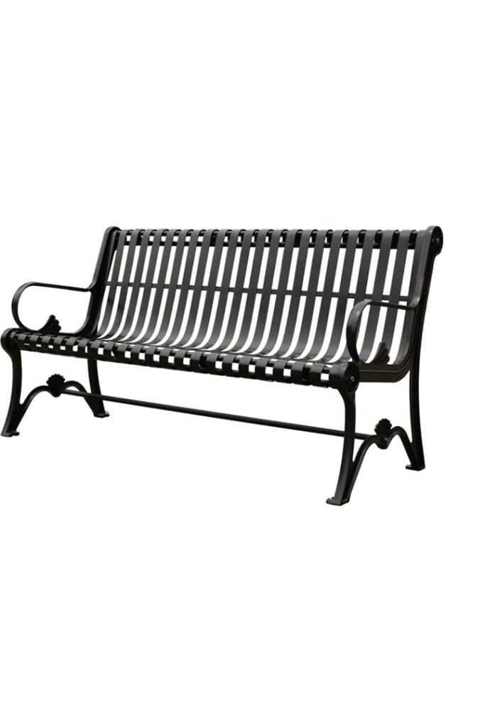 A classic black Slatted Outdoor Iron Bench with curved armrests and decorative legs.
