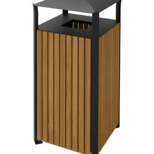 A Square WPC Outdoor Litter Bin with vertical brown slats and a black metal rain cover.