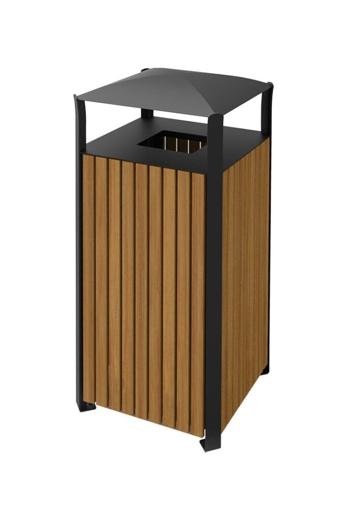 A Square WPC Outdoor Litter Bin with vertical brown slats and a black metal rain cover.
