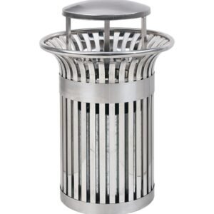 A cylindrical Stainless Steel Outdoor Bin with a vertical slatted frame and a protective rain hood.