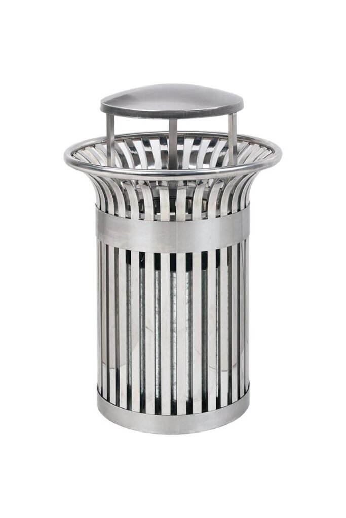 A cylindrical Stainless Steel Outdoor Bin with a vertical slatted frame and a protective rain hood.