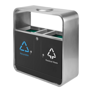 A modular Stainless Steel Trash Receptacle with dual-stream compartments for recycling and residual waste.