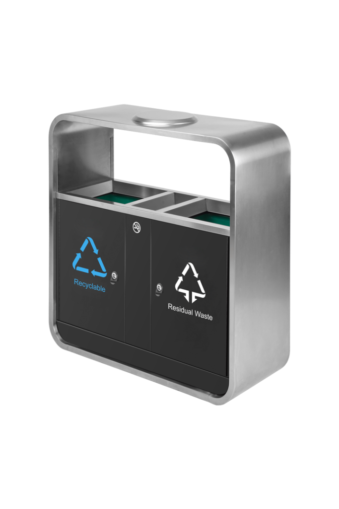 A modular Stainless Steel Trash Receptacle with dual-stream compartments for recycling and residual waste.