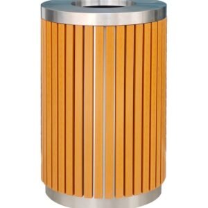 Steel and WPC outdoor litter bin with orange wood-look slats and a stainless steel rim.