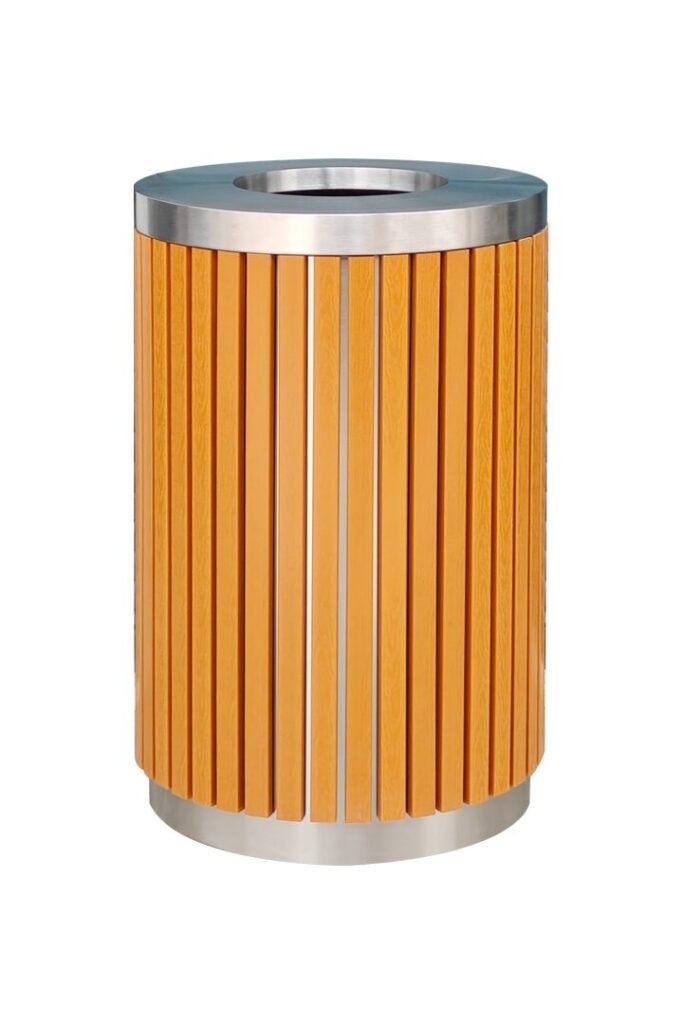 Steel and WPC outdoor litter bin with orange wood-look slats and a stainless steel rim.