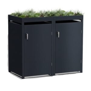 A high-quality Steel Double Bin Planter Shed in Anthracite Grey with a flower garden on top.