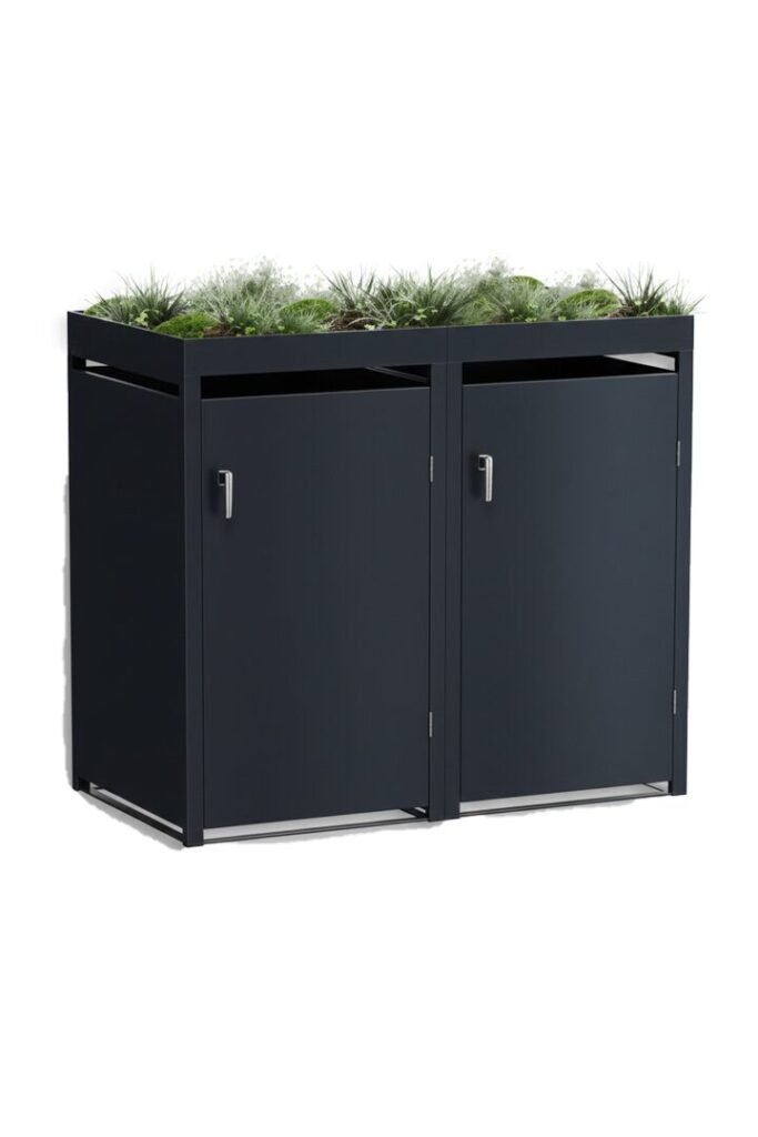 A high-quality Steel Double Bin Planter Shed in Anthracite Grey with a flower garden on top.