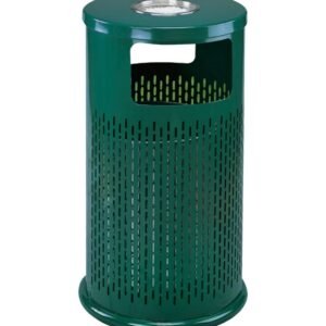 A forest green Steel Outdoor Litter Bin with a perforated metal body and a top-loading ash tray.