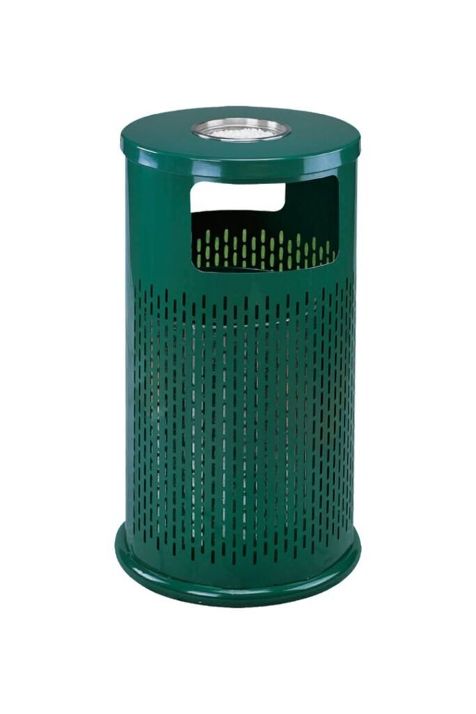 A forest green Steel Outdoor Litter Bin with a perforated metal body and a top-loading ash tray.