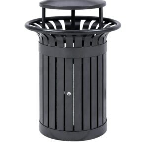 A cylindrical black Steel Outdoor Litter Bin with a hooded top and a side-access door.