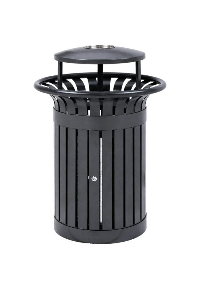 A cylindrical black Steel Outdoor Litter Bin with a hooded top and a side-access door.