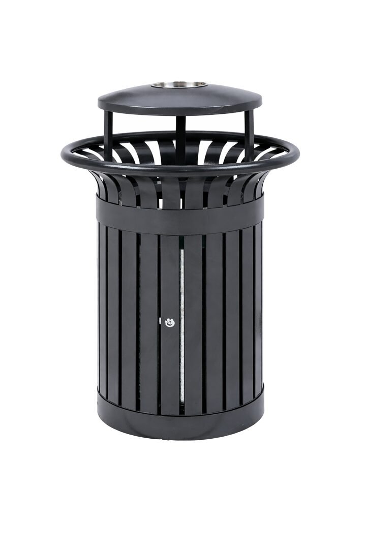 A cylindrical black Steel Outdoor Litter Bin with a hooded top and a side-access door.