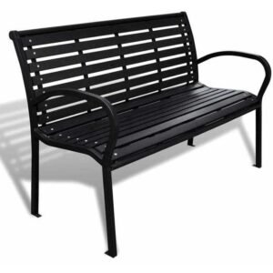 A modern black Steel Slatted Garden Bench with a minimalist horizontal slat design.
