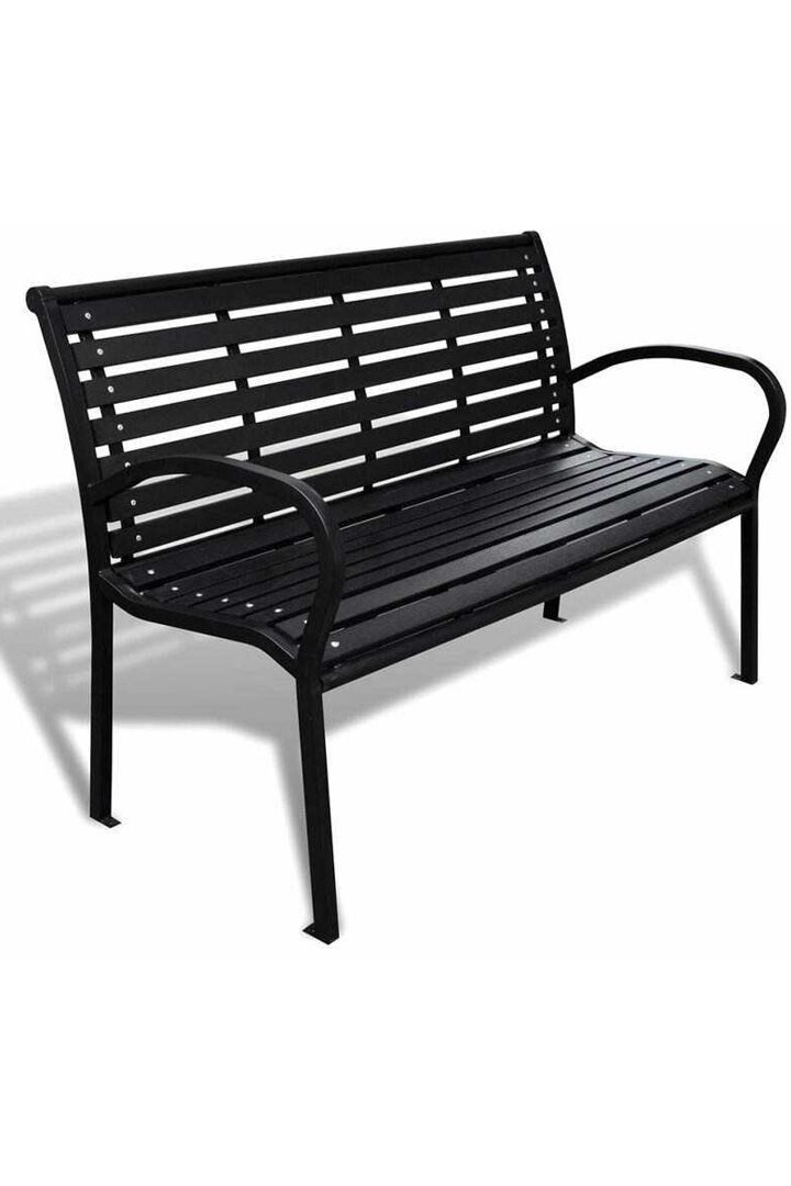 A modern black Steel Slatted Garden Bench with a minimalist horizontal slat design.