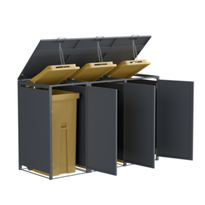 A high-quality Triple Bin Storage Shed made from galvanized steel with three doors and gas struts.