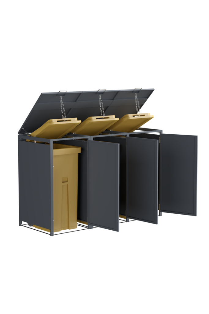 A high-quality Triple Bin Storage Shed made from galvanized steel with three doors and gas struts.