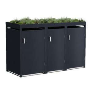 A triple-door Metal Bin Shed with Planter in Anthracite Grey featuring blooming flowers in the top garden box.