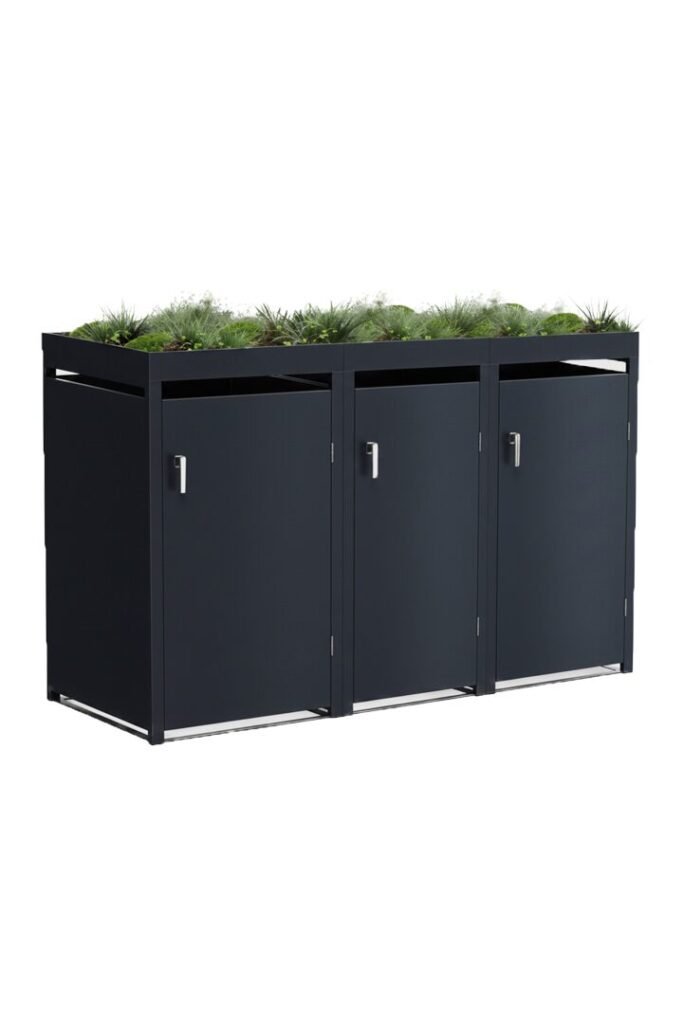A triple-door Metal Bin Shed with Planter in Anthracite Grey featuring blooming flowers in the top garden box.