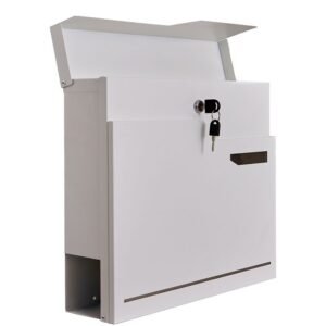 A white Weatherproof Wall Mounted Mailbox made of galvanized steel with an open lid and keys.
