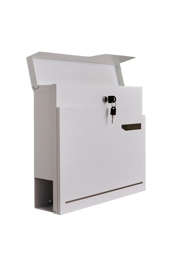 A white Weatherproof Wall Mounted Mailbox made of galvanized steel with an open lid and keys.