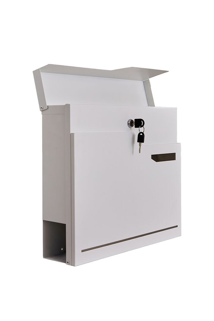 A white Weatherproof Wall Mounted Mailbox made of galvanized steel with an open lid and keys.