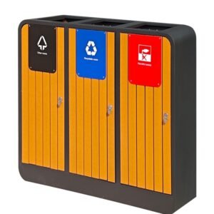 A triple WPC 3 Compartment Recycling Bin with brown slats and color-coded icons (Black, Blue, Red).