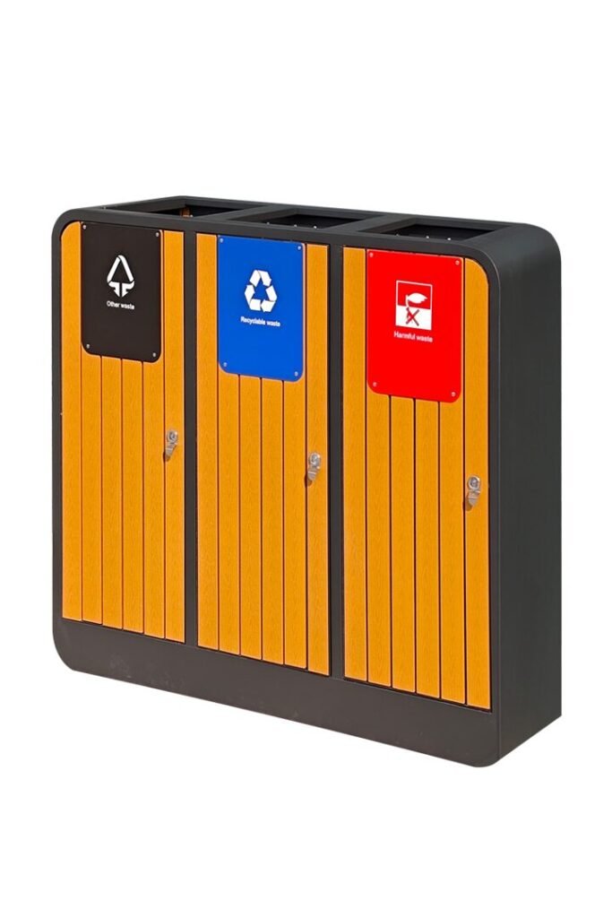A triple WPC 3 Compartment Recycling Bin with brown slats and color-coded icons (Black, Blue, Red).