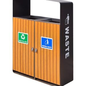 A WPC Double Outdoor Litter Bin with brown slats, black frame, and Green/Blue sorting labels.