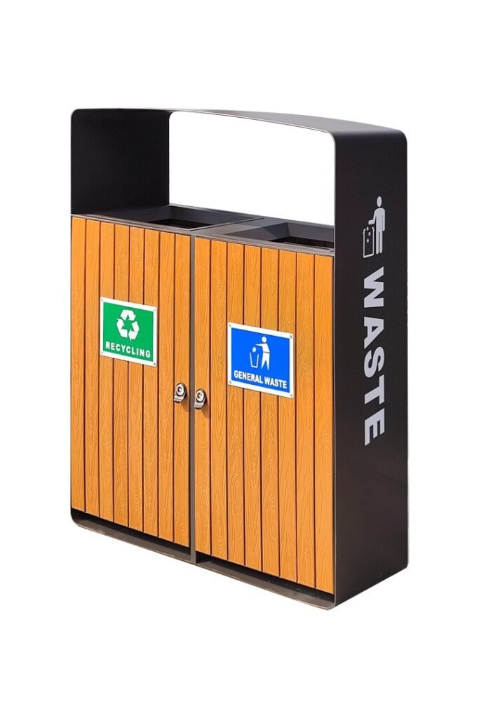 A WPC Double Outdoor Litter Bin with brown slats, black frame, and Green/Blue sorting labels.