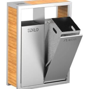 A WPC Dual Recycling Bin with a silver stainless steel frame and light brown composite slats.